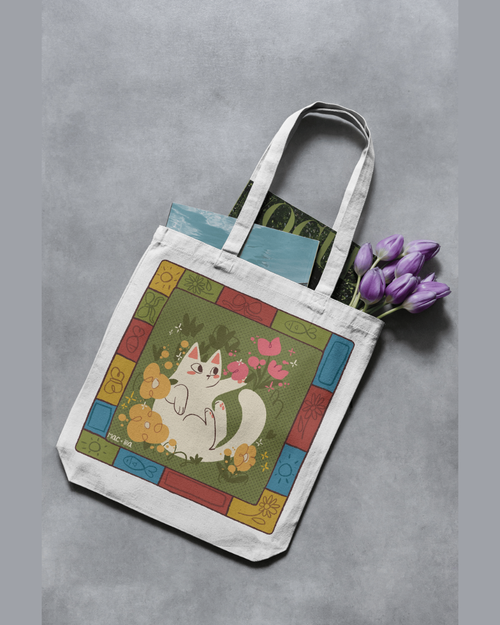"Folk-Art Garden Cat" Whimsical Patchwork Graphic Tote Square