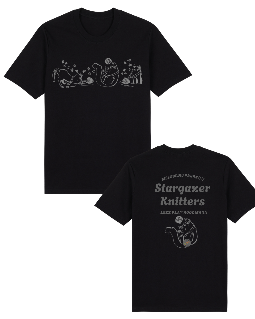 "Stargazing Knitters" Monochrome Cat Graphic Tee with Text
