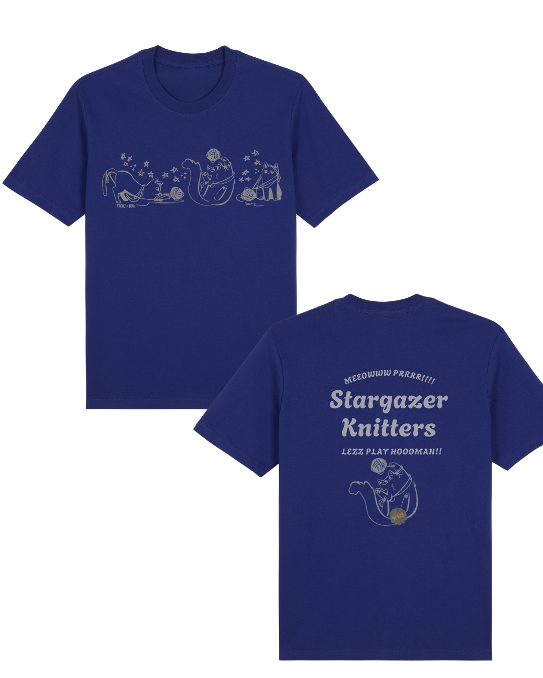 "Stargazing Knitters" Monochrome Cat Graphic Tee with Text