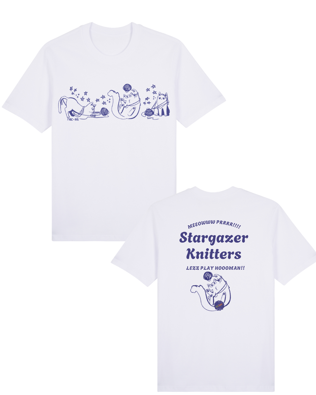 "Stargazing Knitters" Monochrome Cat Graphic Tee with Text