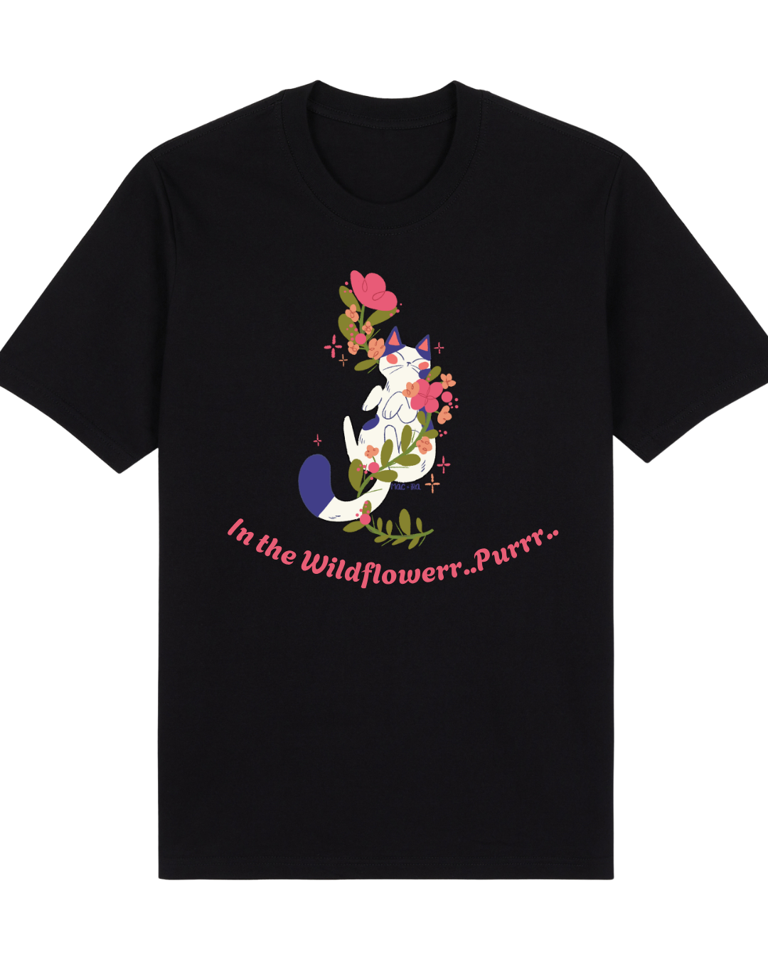 "In the Wildflowers" Whimsical Cat Graphic Tee with text