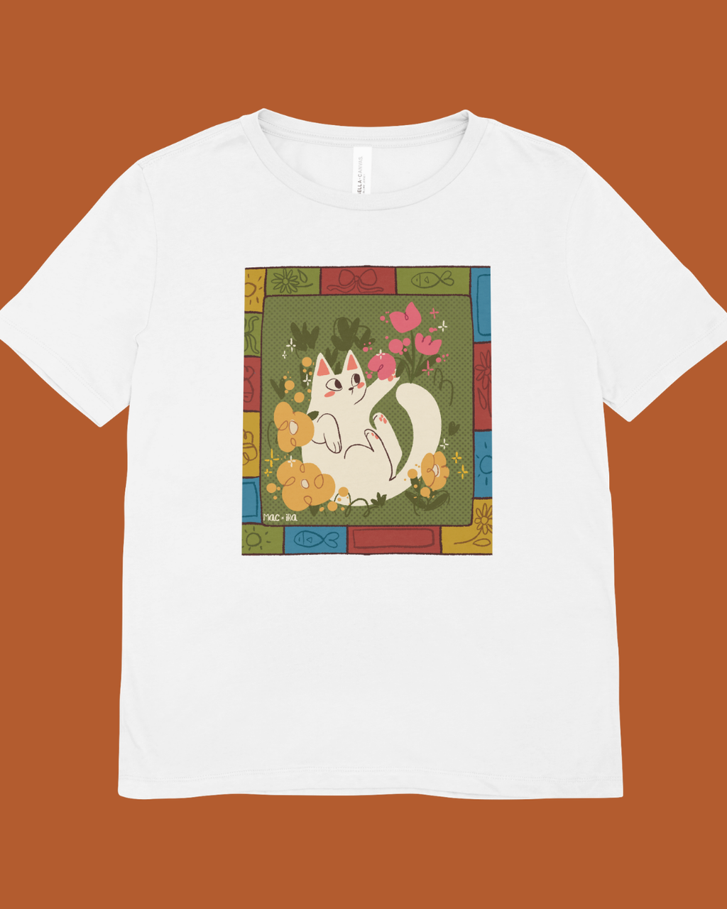 "Folk-Art Garden Cat" Whimsical Patchwork Graphic Tee Full Front