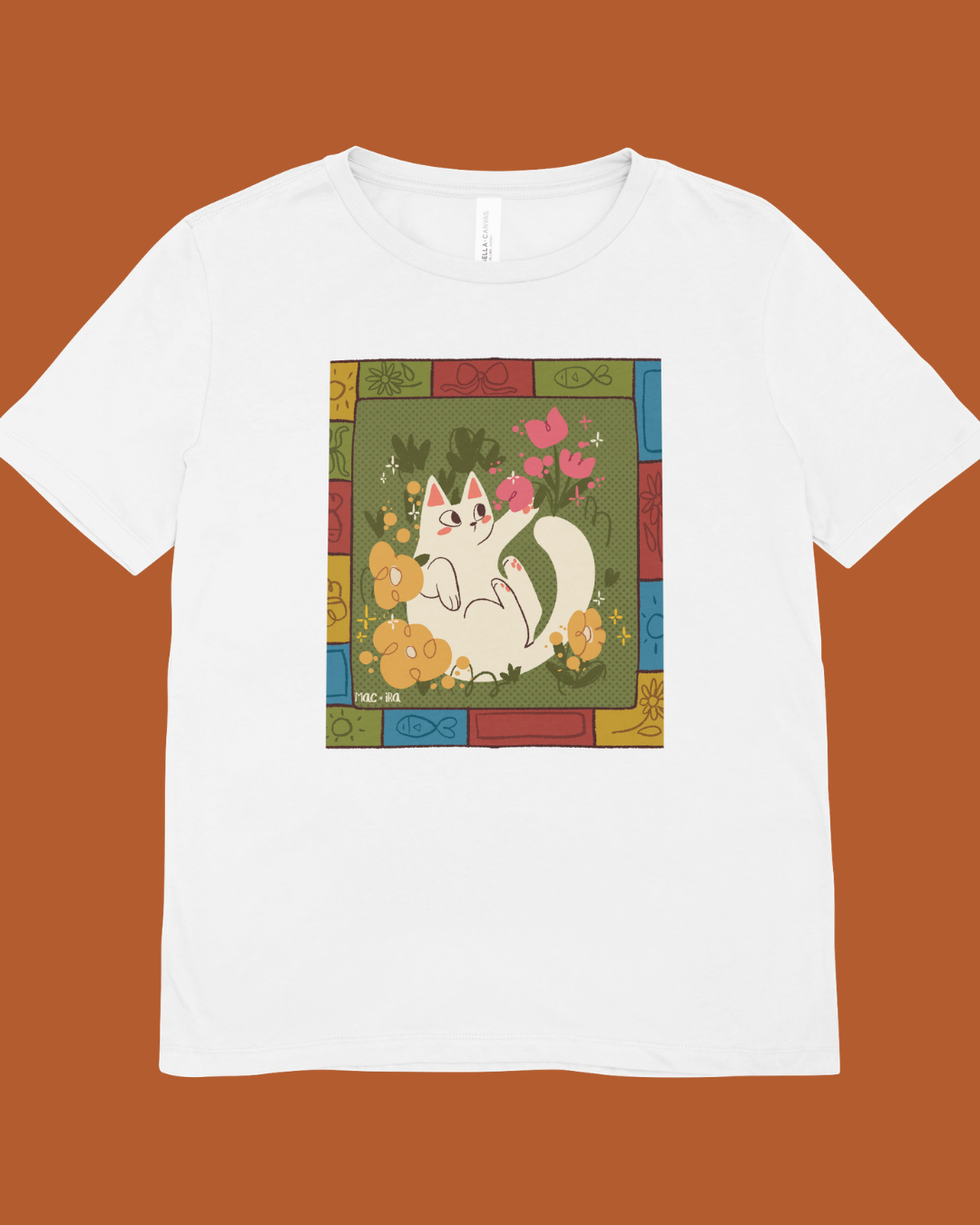 "Folk-Art Garden Cat" Whimsical Patchwork Graphic Tee Full Front