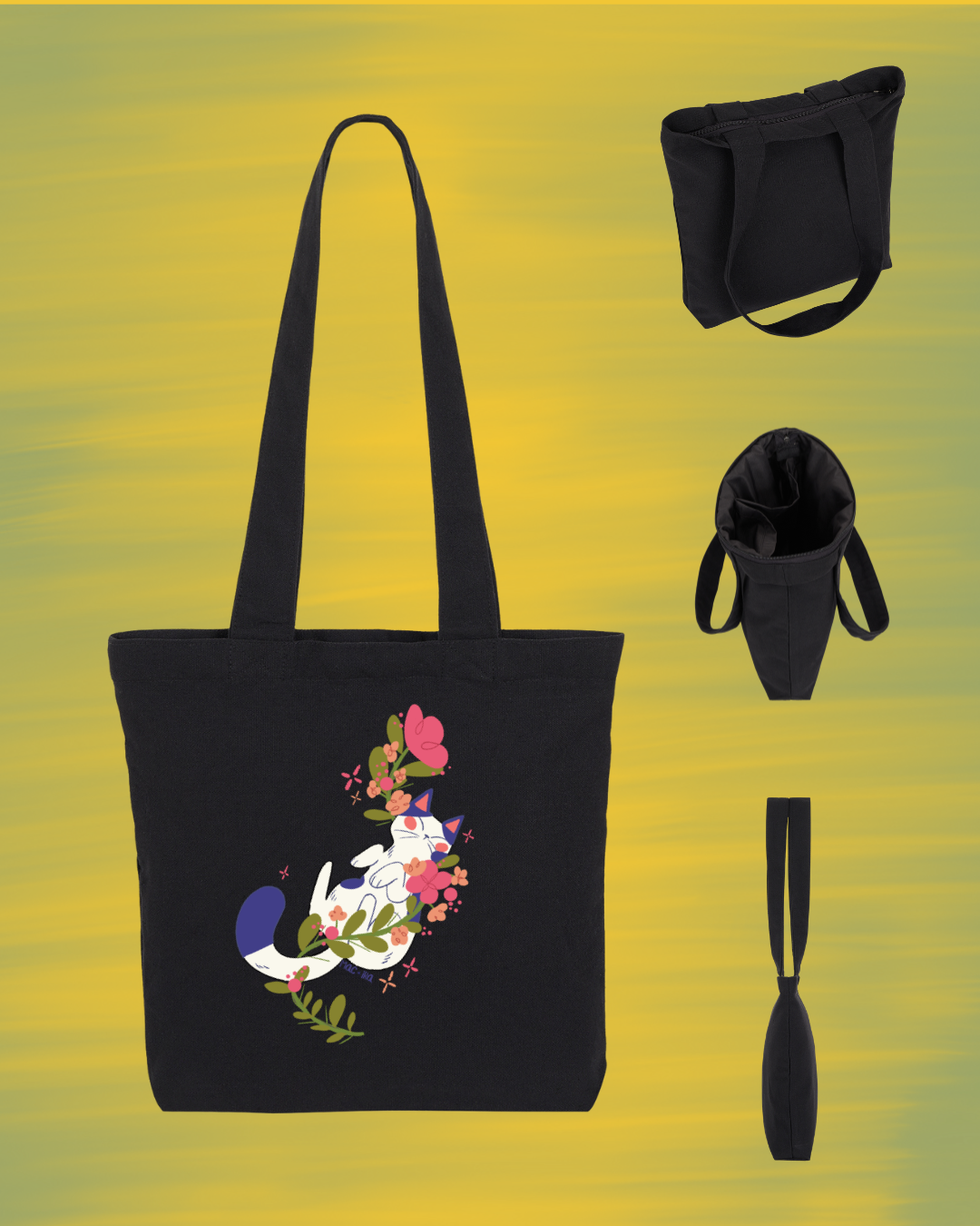 "In the Wildflowers" Whimsical Cat Graphic Tote Square