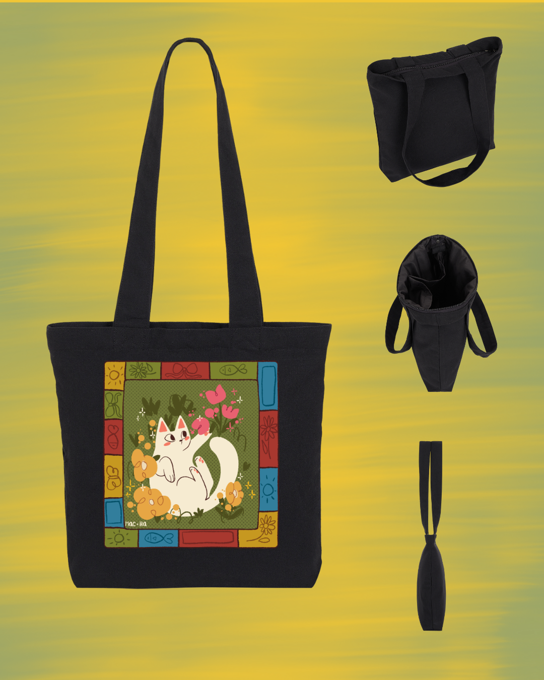 "Folk-Art Garden Cat" Whimsical Patchwork Graphic Tote Square