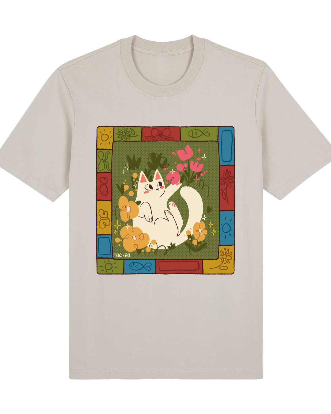 "Folk-Art Garden Cat" Whimsical Patchwork Graphic Tee Full Front