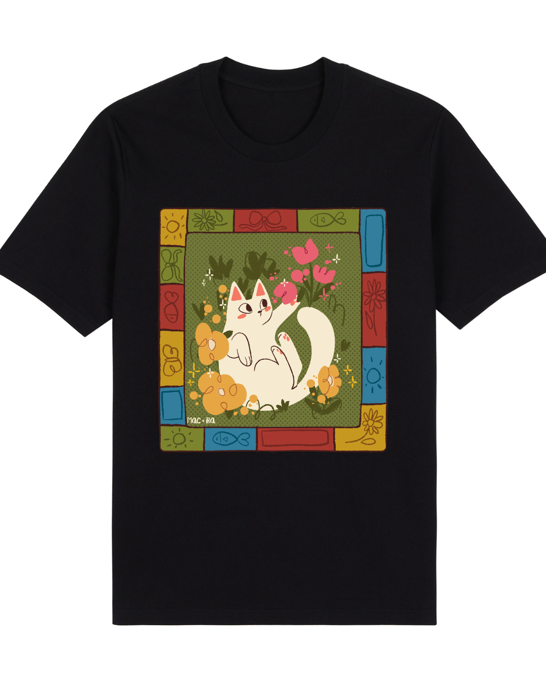 "Folk-Art Garden Cat" Whimsical Patchwork Graphic Tee Full Front
