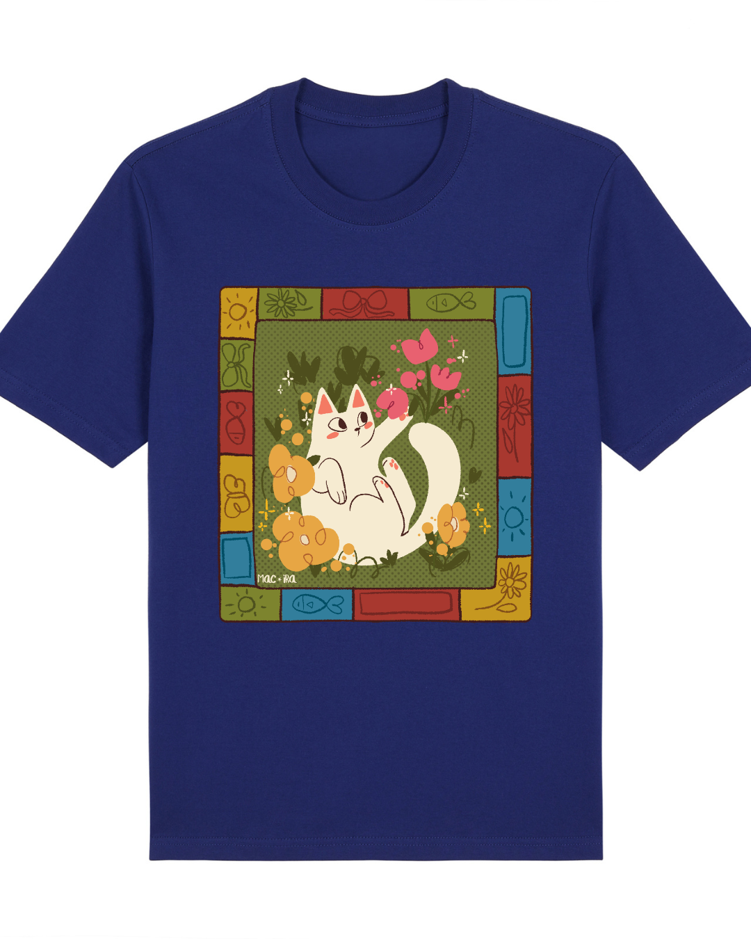 "Folk-Art Garden Cat" Whimsical Patchwork Graphic Tee Full Front