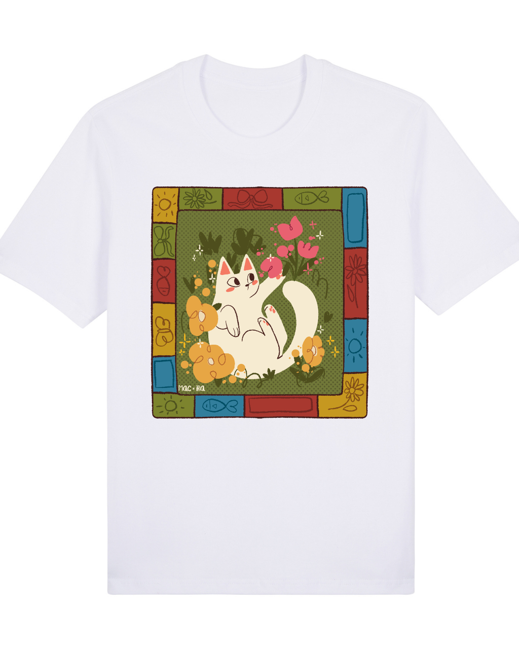 "Folk-Art Garden Cat" Whimsical Patchwork Graphic Tee Full Front