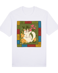 "Folk-Art Garden Cat" Whimsical Patchwork Graphic Tee Full Front