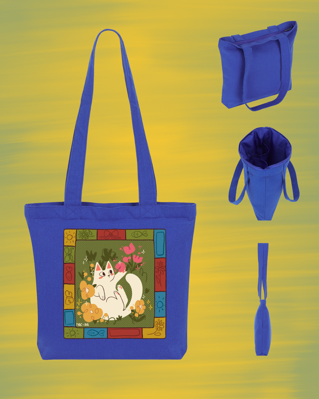 "Folk-Art Garden Cat" Whimsical Patchwork Graphic Tote Square