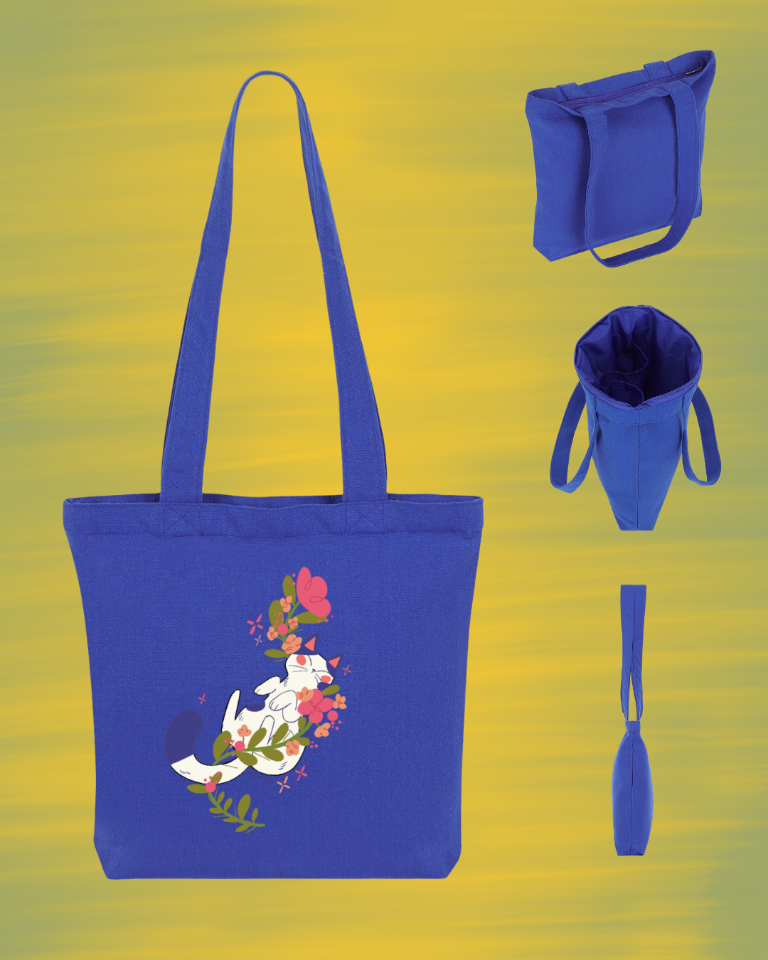 "In the Wildflowers" Whimsical Cat Graphic Tote Square