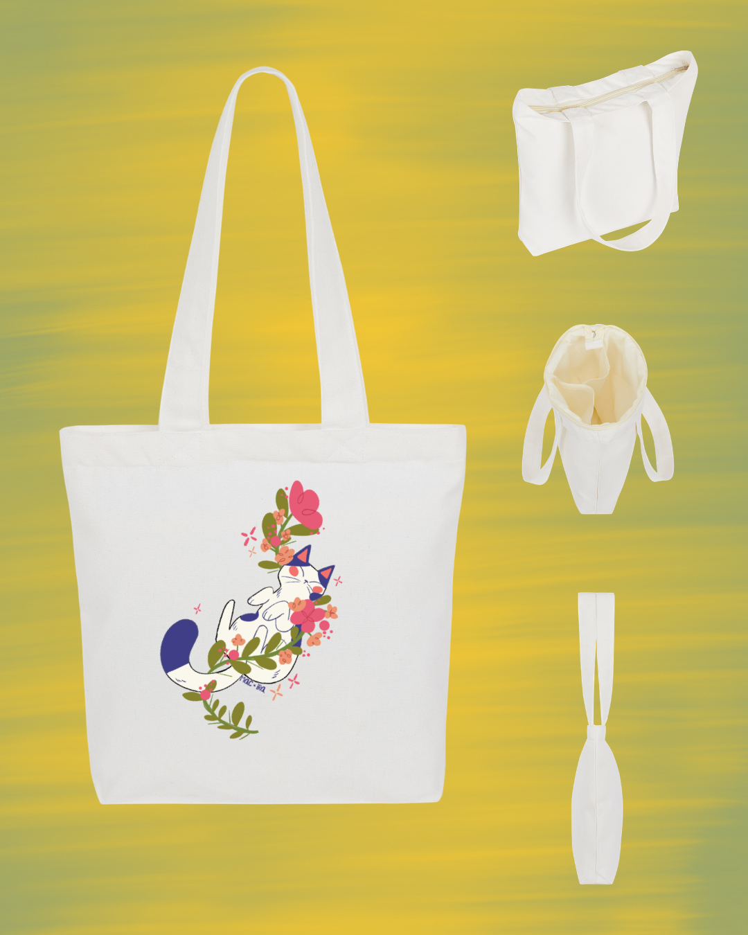 "In the Wildflowers" Whimsical Cat Graphic Tote Square