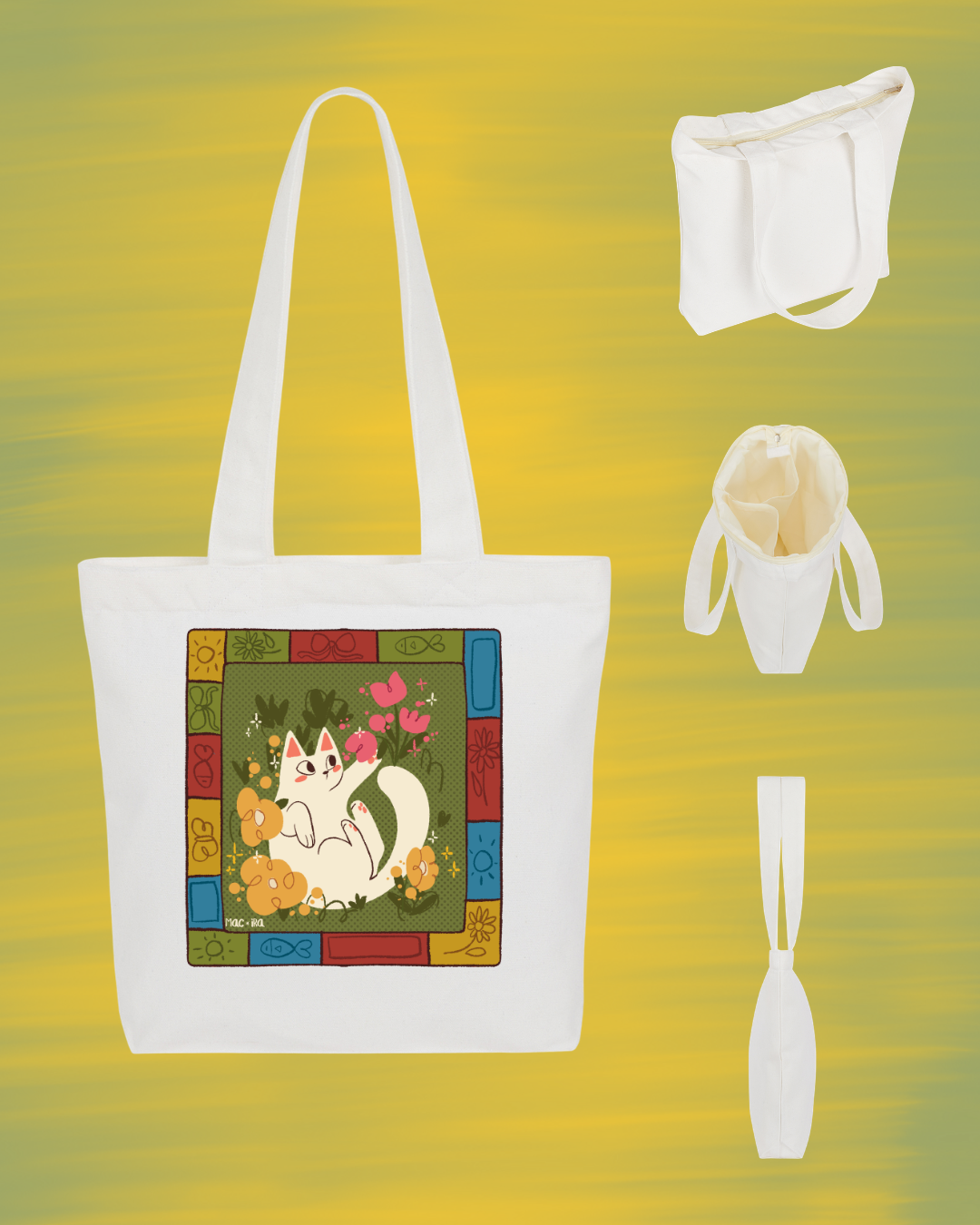 "Folk-Art Garden Cat" Whimsical Patchwork Graphic Tote Square
