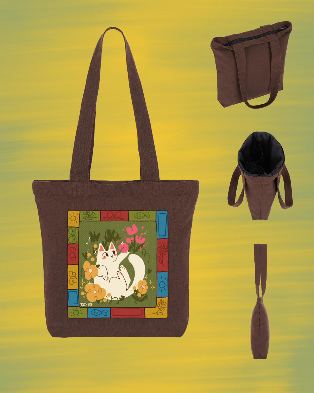 "Folk-Art Garden Cat" Whimsical Patchwork Graphic Tote Square